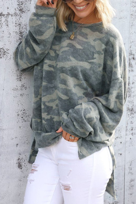 High low Edge Camo Print Sweatshirt Olive Design Co