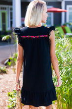 Load image into Gallery viewer, Black Boho Print Pompom Sleeve Shift Dress
