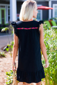 Black Boho Print Pompom Sleeve Shift Dress