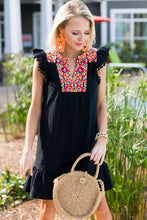 Load image into Gallery viewer, Black Boho Print Pompom Sleeve Shift Dress
