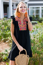 Load image into Gallery viewer, Black Boho Print Pompom Sleeve Shift Dress
