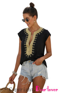 Black Short Sleeve Printed Neck Shift Blouse