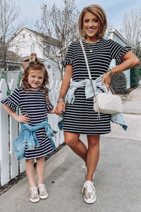 Black Striped T-shirt Mini Dress with Ruffled Sleeves