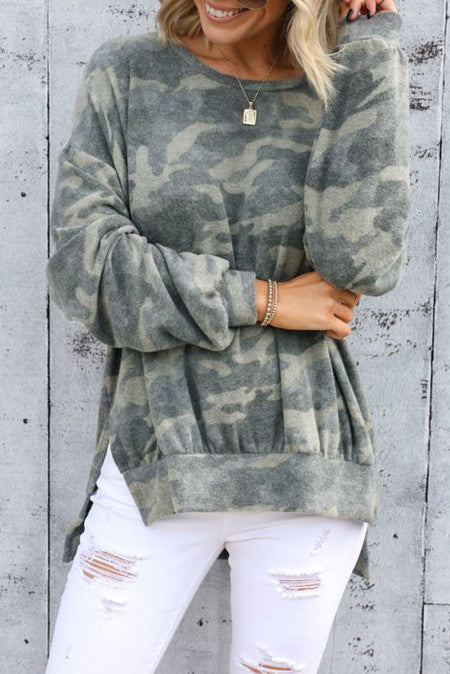 High low Edge Camo Print Sweatshirt Olive Design Co