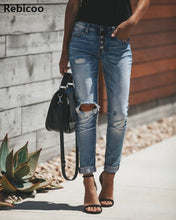 Load image into Gallery viewer, High Waist Ripped Denim Jean with Button Fly
